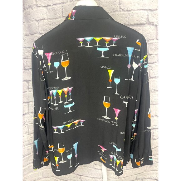 Nicole Taylor Silk Blouse Art Deco Blouse Cocktail Drink Print MED long sleeve - Picture 2 of 9